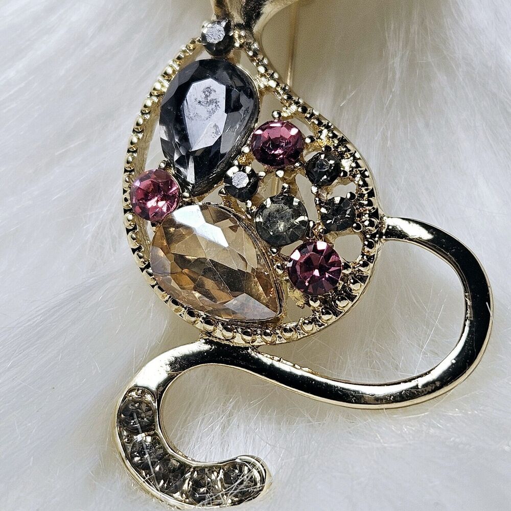 Cat Siluet pin Large Blue faceted Gemstone & Rhinestones 2.5 in Statement Brooch - Picture 8 of 10